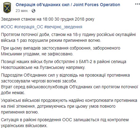 Боевики 1 раз нарушили режим прекращения огня на Донбассе